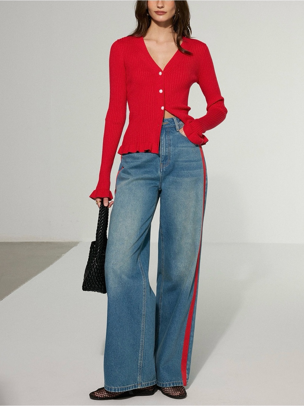 Commense Blue Jeans with Red Side Stripe High Rise Wide Leg Palazzo Denim Size M